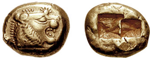 Stater Lídio de Electrum.Denominação: 1⁄3 stater, séc. VI a.C