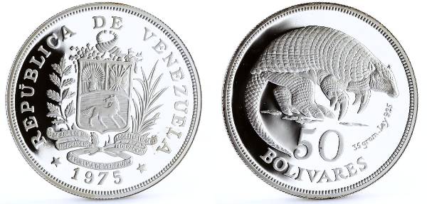 Moeda da Venezuela, de 50 bolívares de 1975, em prara esterlina .925 ("Plata de Ley").