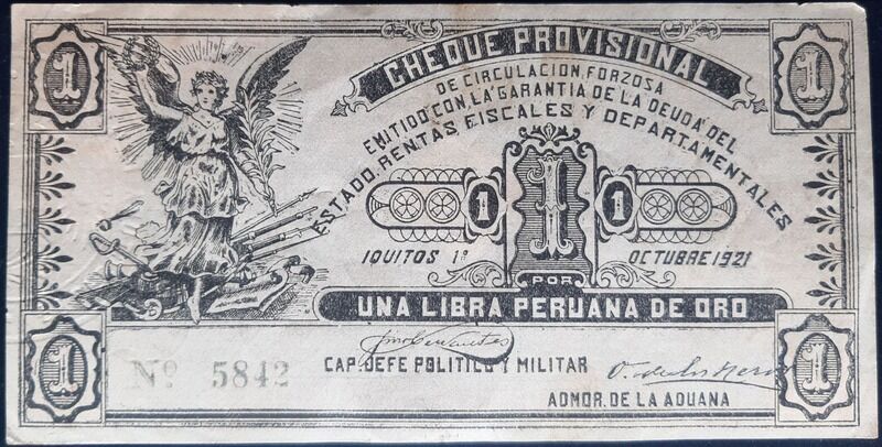 Cheque Provisional no valor de 1 Libra Peruana de Oro