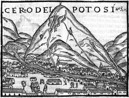 Cerro Rico del Potosí, a primeira imagem de Potosi na Europa. Pedro Cieza de Leão, 1553.